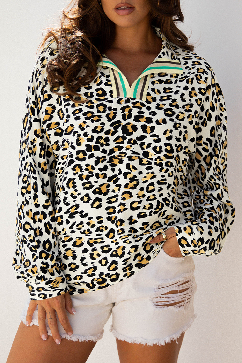 Threaded Pear Laurel Leopard V Neck Blouse
