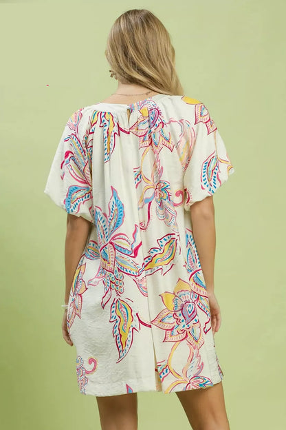 Umgee Boho Floral Print Mini Dress with Pockets