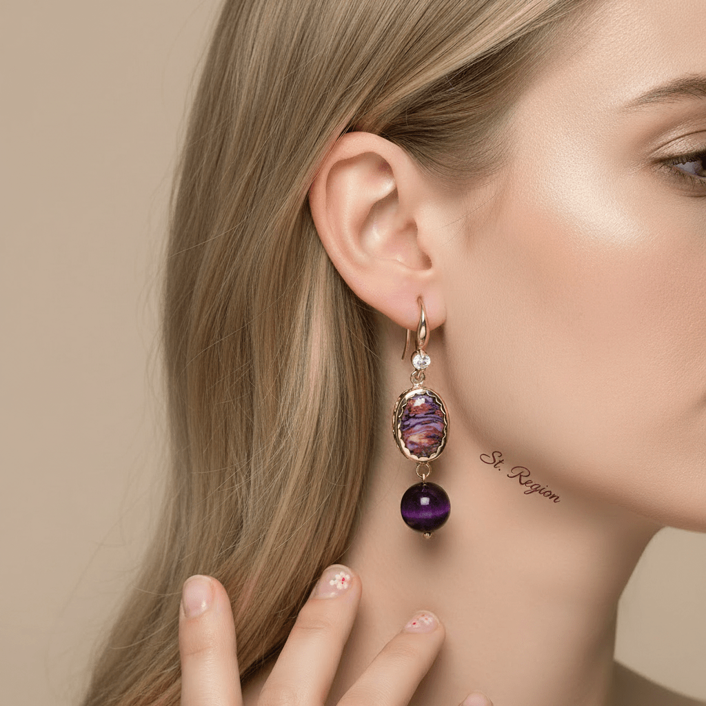 Royal Purple Jade & Turqouise Cubic Zirconia Goldtone Oval Round Hook Earrings