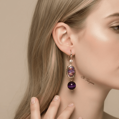 Royal Purple Jade & Turqouise Cubic Zirconia Goldtone Oval Round Hook Earrings