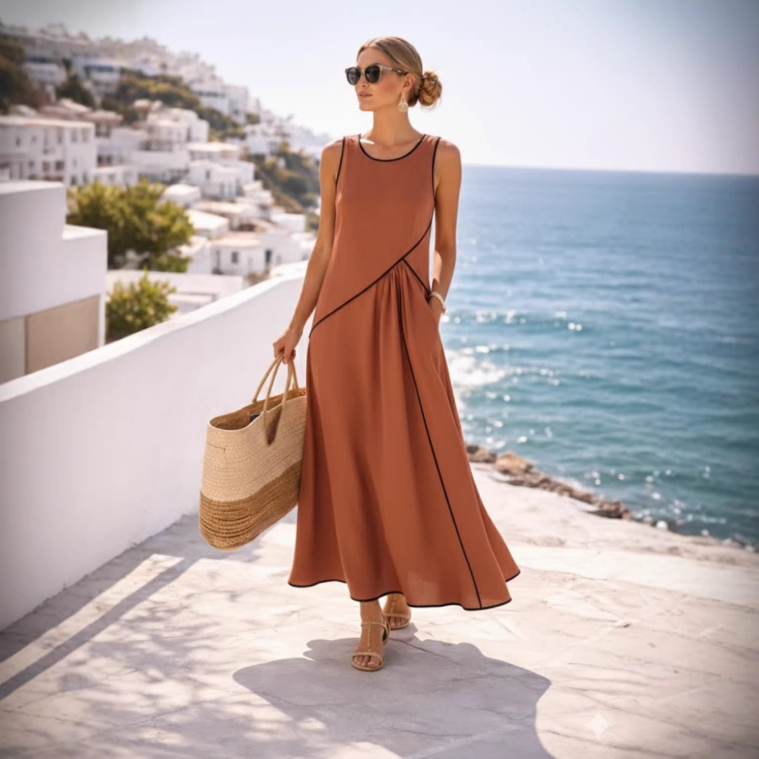 brown contrast color dresses Scarf Bandeau Contrast Pleated Hem Detail Maxi Dress In Chocolate Brown | EGO US