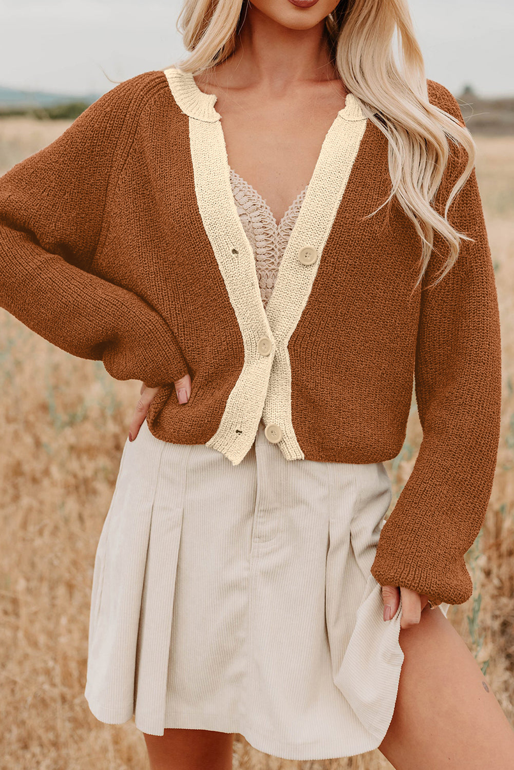 Threaded Pear Gabriella Knit Neckline Short Cardigan