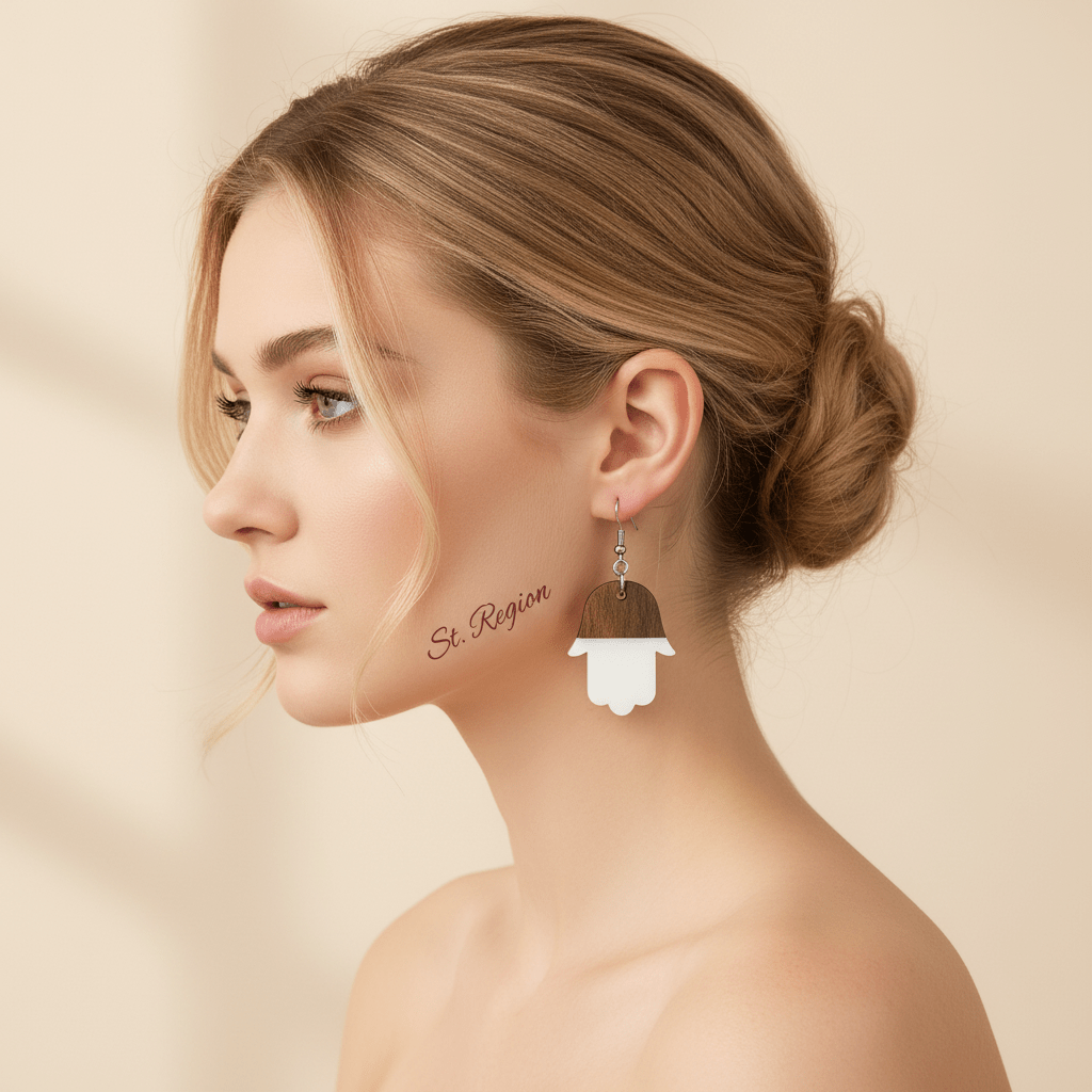 White Resin & Wood Silvertone Patchwork Hamsa Hook Earrings