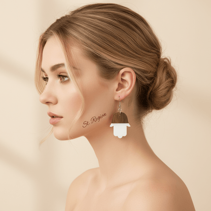 White Resin & Wood Silvertone Patchwork Hamsa Hook Earrings