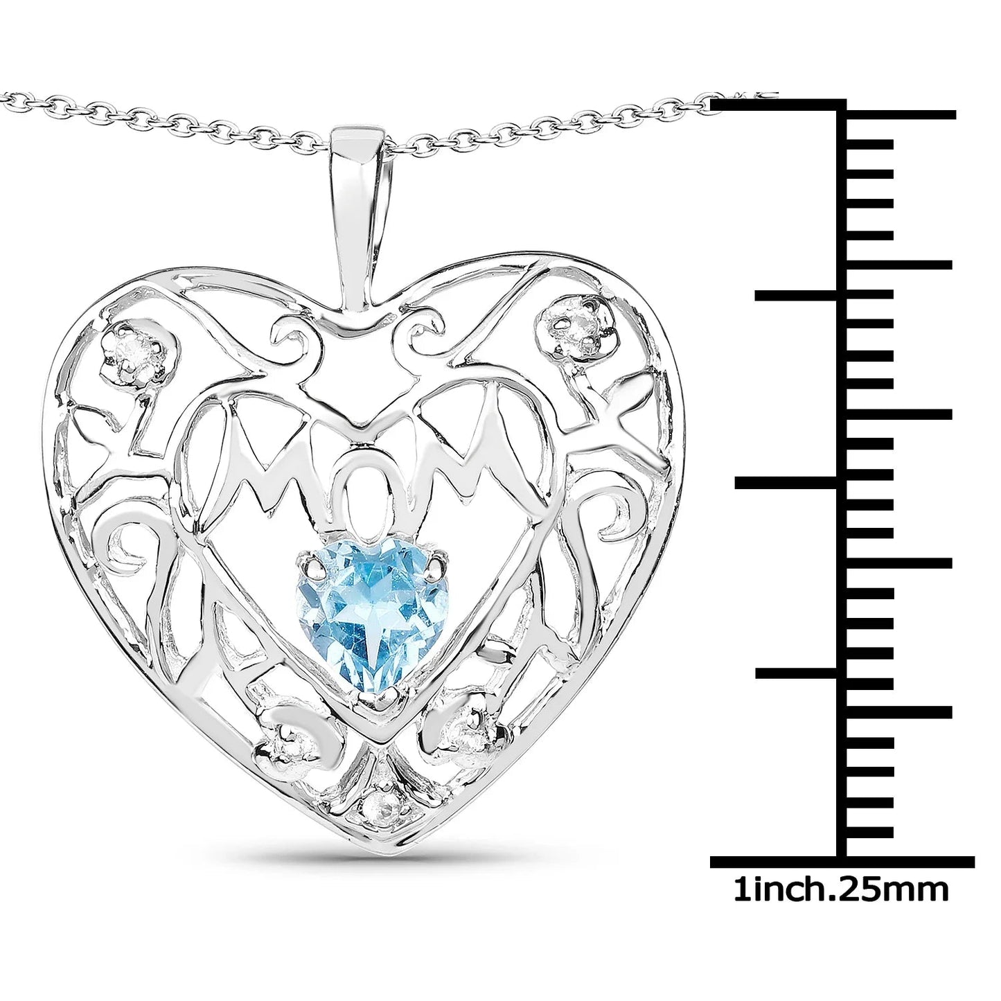 Heart Swiss Blue Topaz Prong Silver Mom Pendant Necklace