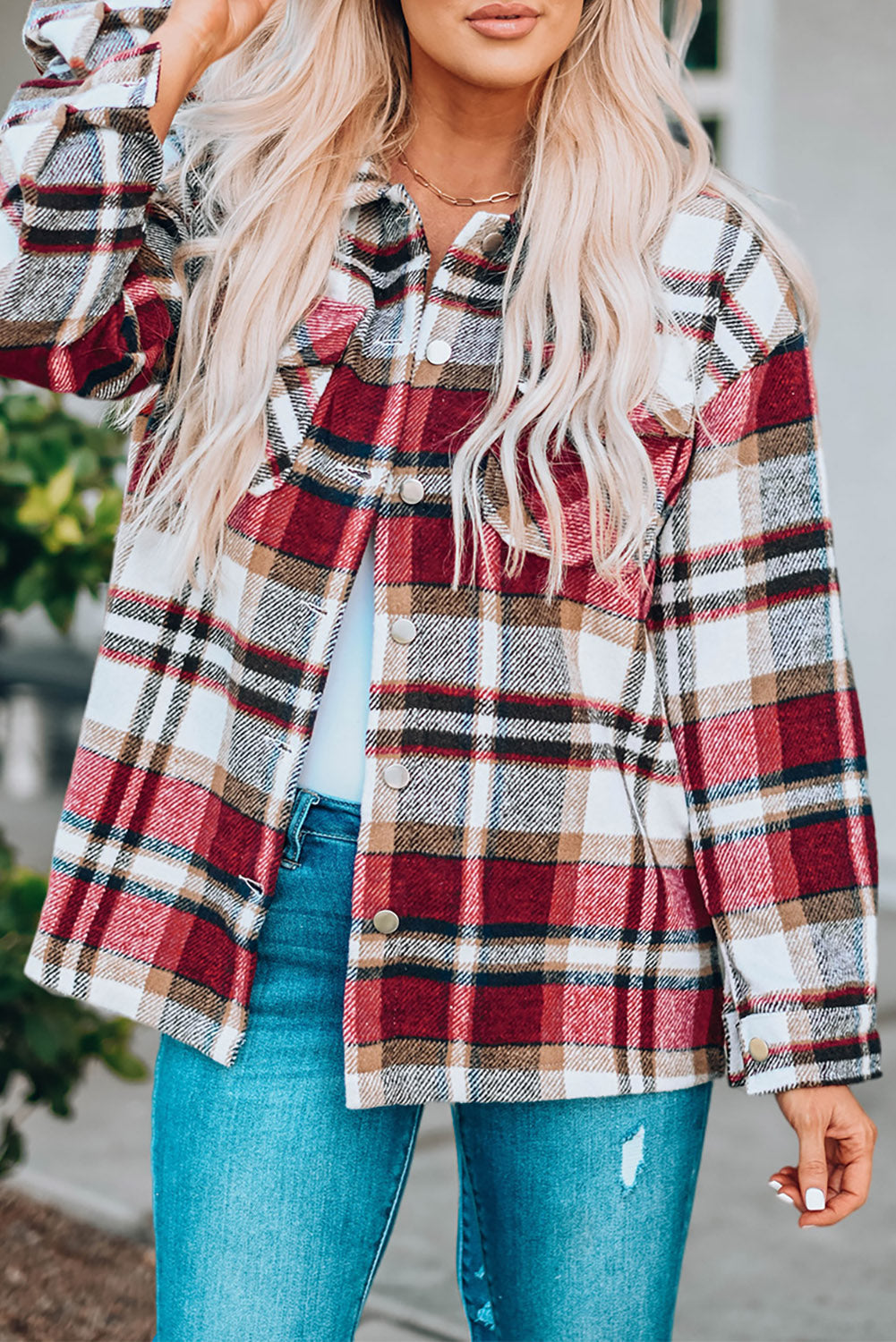 Threaded Pear Keily Plaid Pocketed Shacket