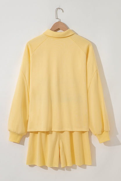 Threaded Pear Kylie Button Collar Drop Shoulder Pullover and Shorts 2pcs Outfit