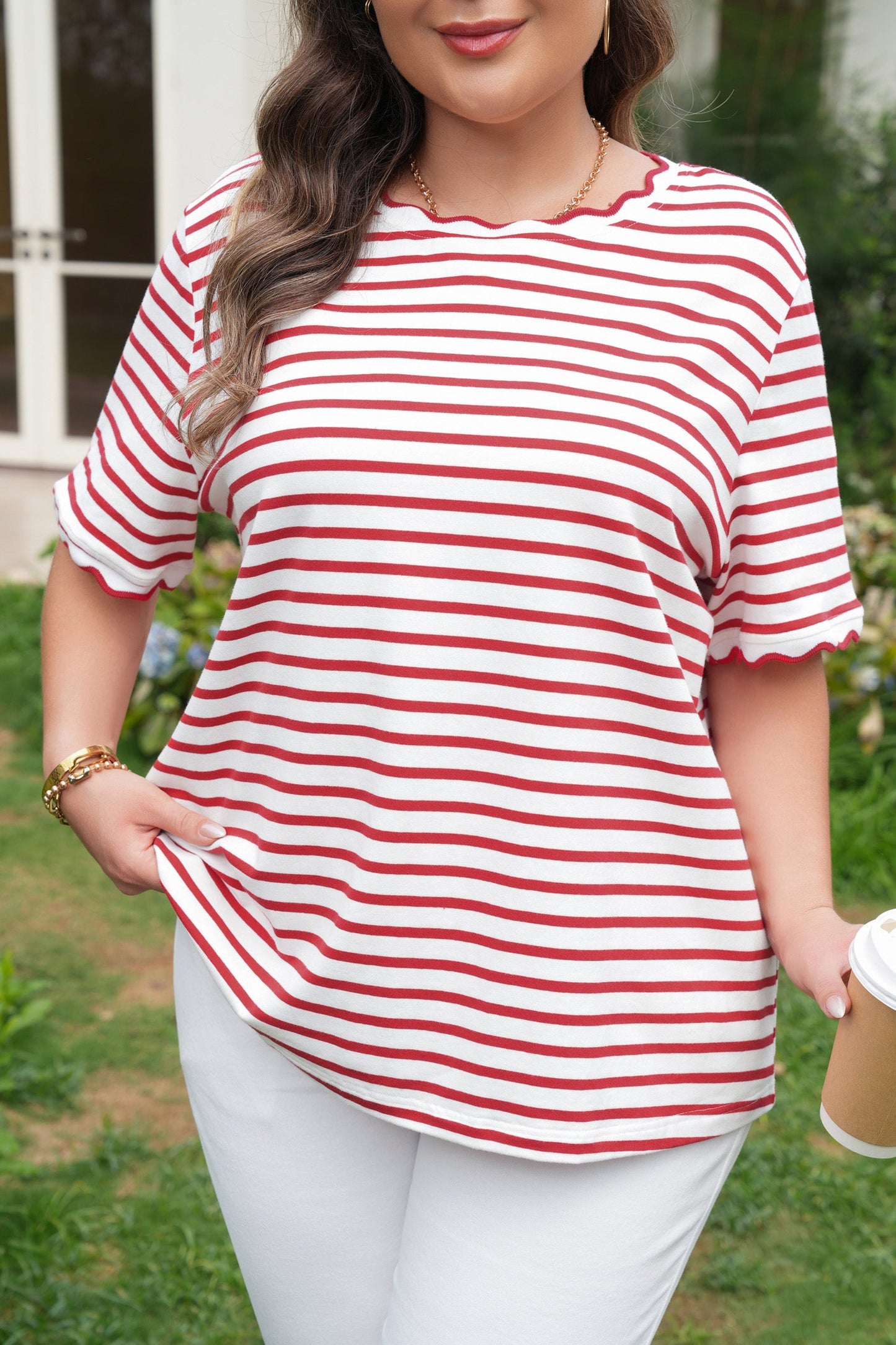 Threaded Pear Esther Trim Short Sleeve Plus Top