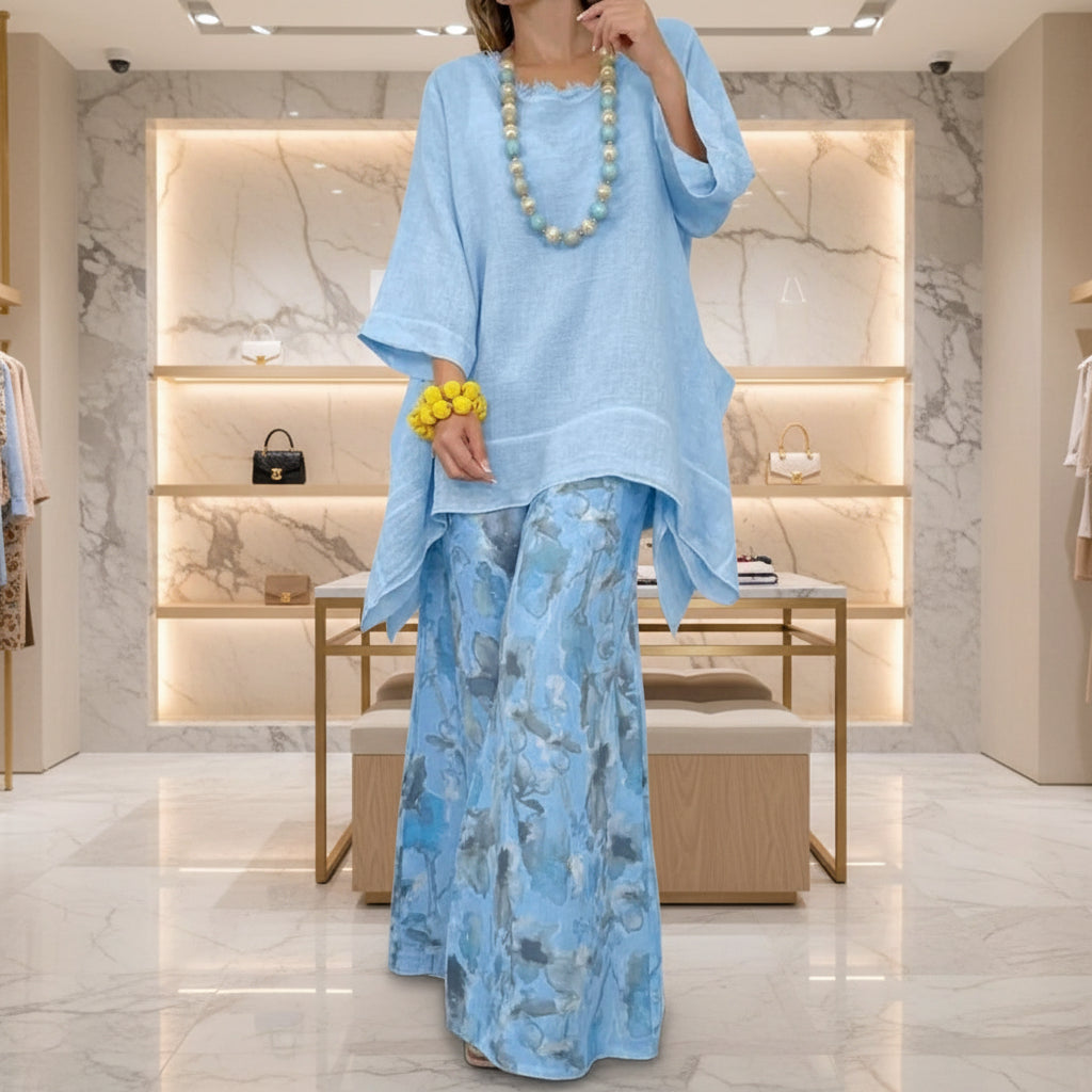 Women's Solid Linen-Style Tunic Top & Watercolor Floral Wide-Leg Pants Set