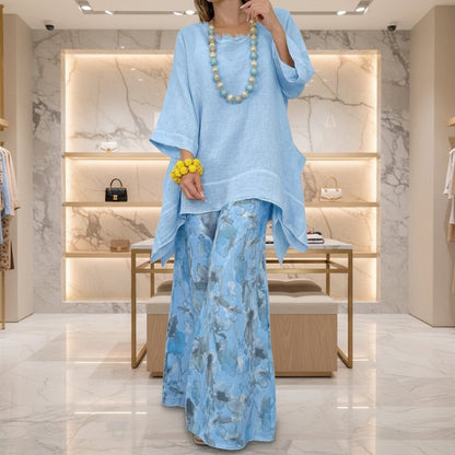 Women's Solid Linen-Style Tunic Top & Watercolor Floral Wide-Leg Pants Set