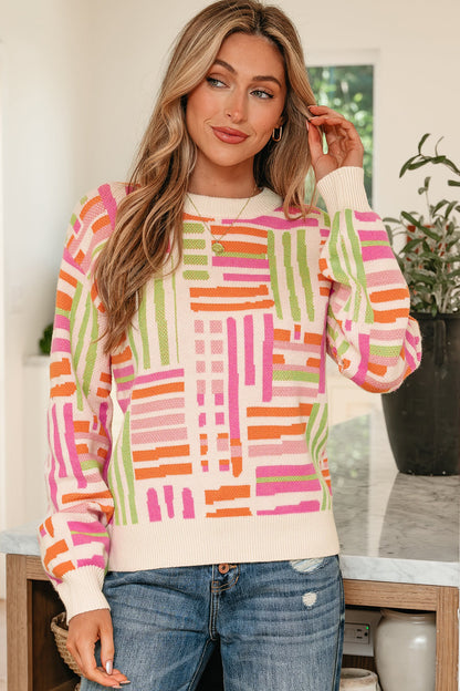 Threaded Pear Tru Pattern Puff Sleeve Sweater