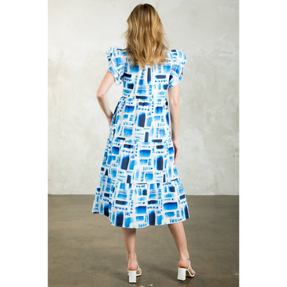 GRACELLE- Flutter Sleeve Print Tiered Midi Dress
