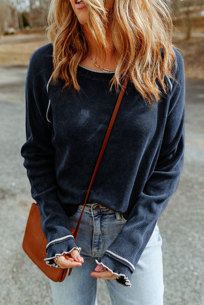 Threaded Pear Cataleya Textured Round Neck Long Sleeve Top