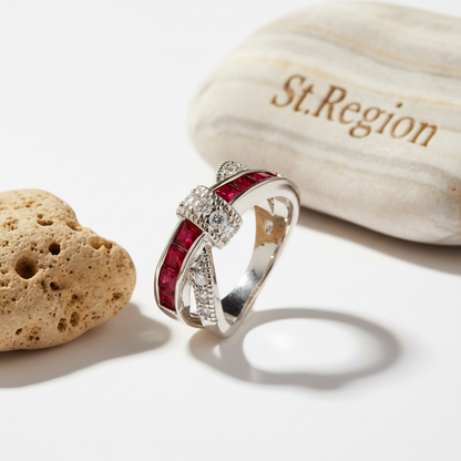 Red Crystal & Cubic Zirconia Princess-Cut Overlapping Ring