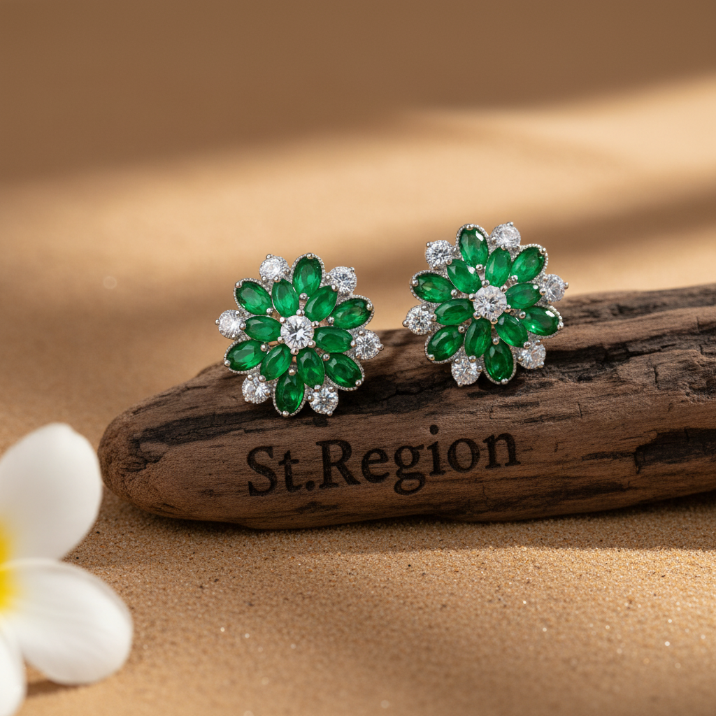 Green Crystal & Cubic Zirconia Floral Stud Earring