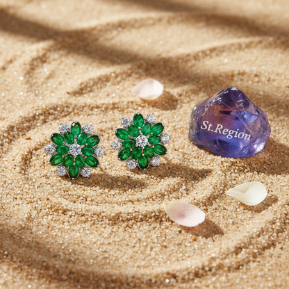 Green Crystal & Cubic Zirconia Floral Stud Earring
