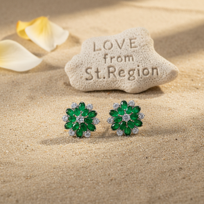 Green Crystal & Cubic Zirconia Floral Stud Earring