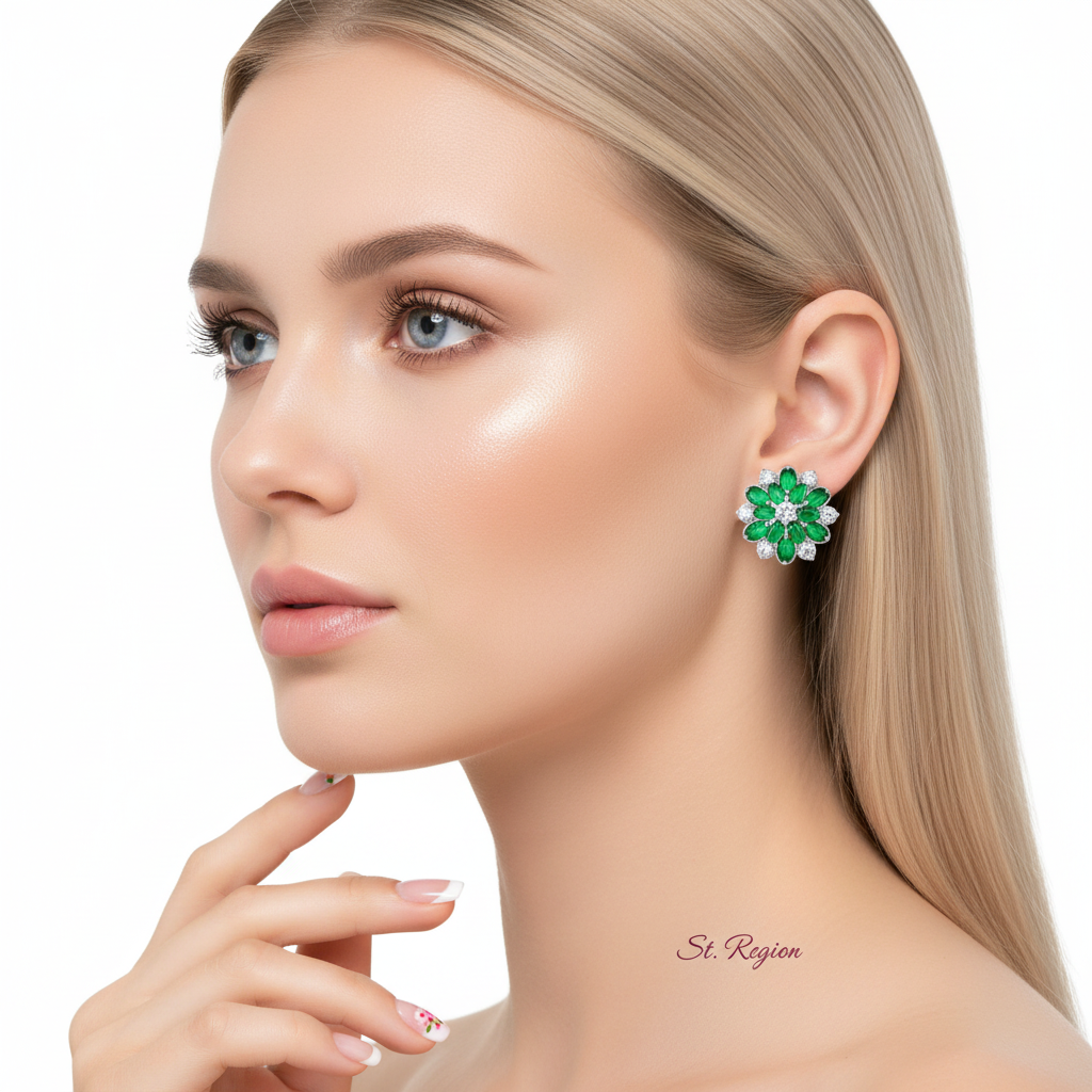 Green Crystal & Cubic Zirconia Floral Stud Earring