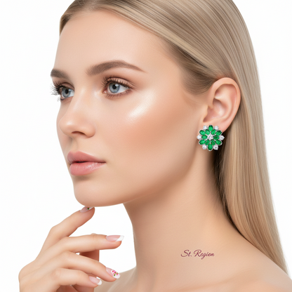 Green Crystal & Cubic Zirconia Floral Stud Earring