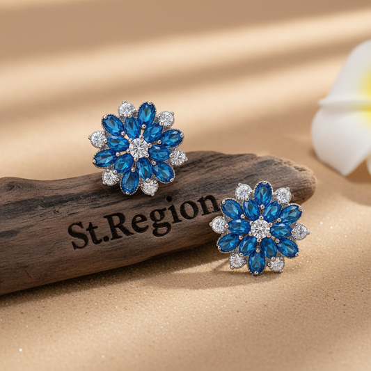 Navy Crystal & Cubic Zirconia Floral Stud Earrings