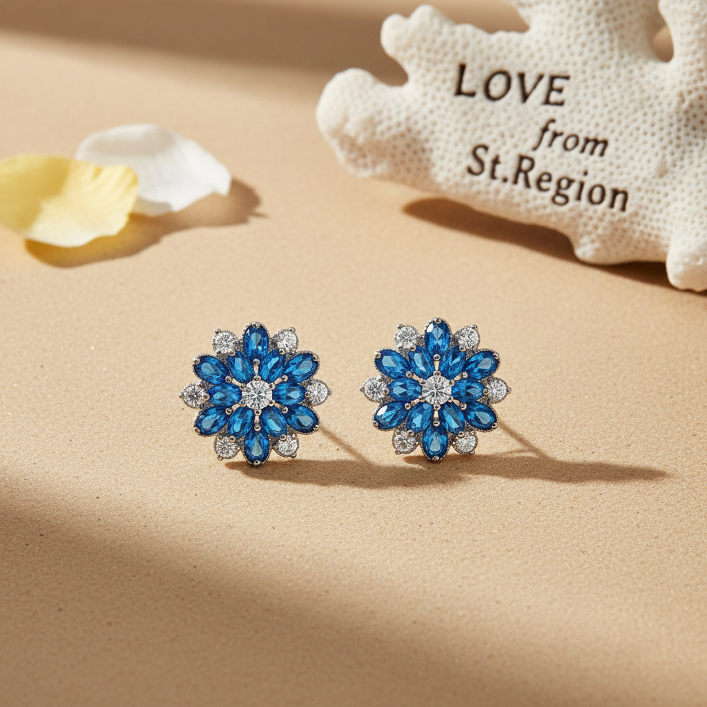Navy Crystal & Cubic Zirconia Floral Stud Earrings