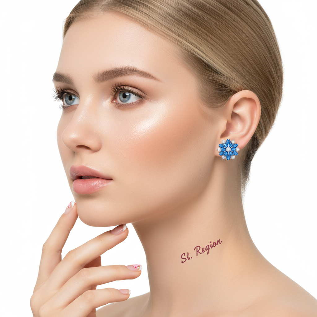 Navy Crystal & Cubic Zirconia Floral Stud Earrings