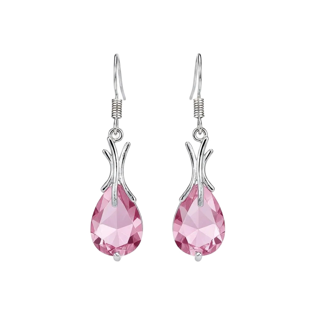 Pink Crystal & Silvertone Hook Drop Earrings