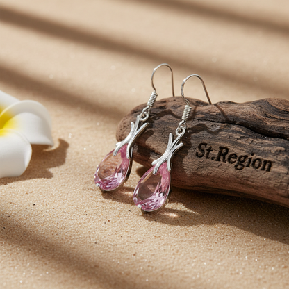 Pink Crystal & Silvertone Hook Drop Earrings