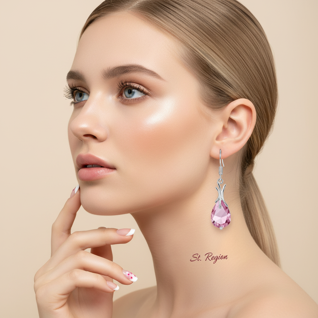 Pink Crystal & Silvertone Hook Drop Earrings