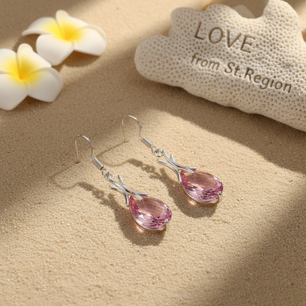Pink Crystal & Silvertone Hook Drop Earrings