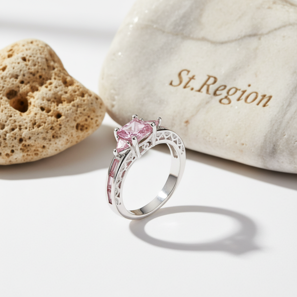 Pink Crystal & Silvertone Prong Illusion Ring