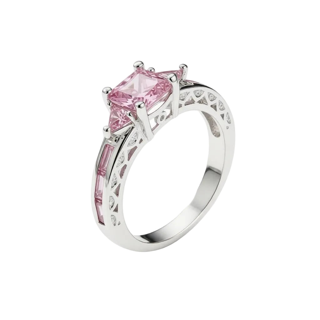 Pink Crystal & Silvertone Prong Illusion Ring