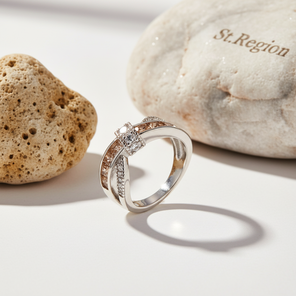 Champagne Crystal & Cubic Zirconia Crossing Line Ring
