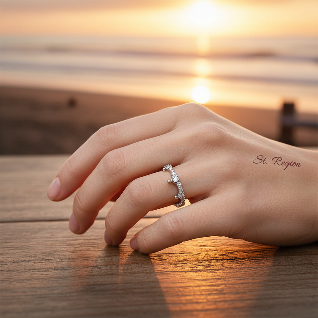 Cubic Zirconia & Silvertone Crown Band Ring