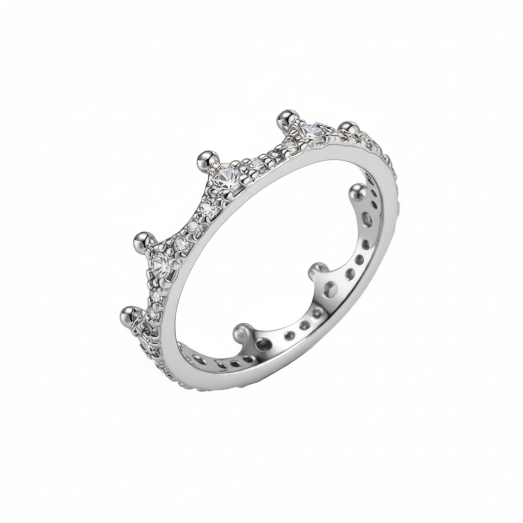 Cubic Zirconia & Silvertone Crown Band Ring