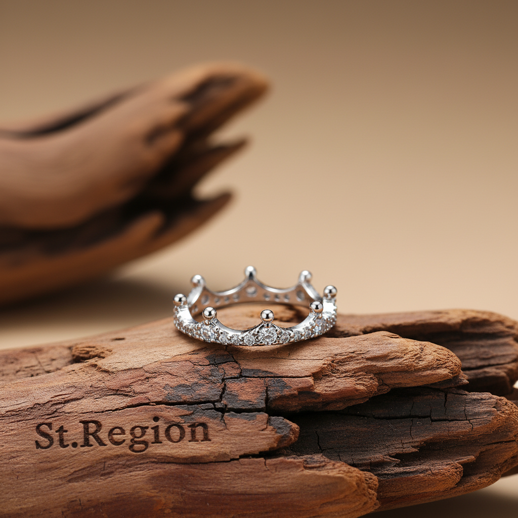 Cubic Zirconia & Silvertone Crown Band Ring