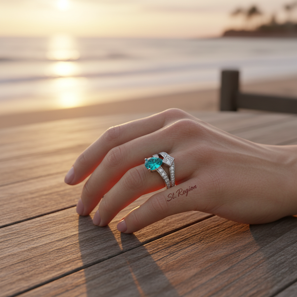 Sea Blue Crystal & Cubic Zirconia Pear-Cut Ring