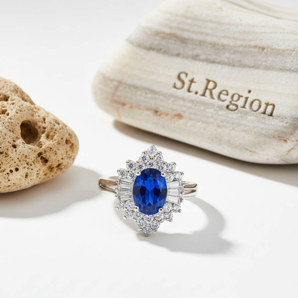 Navy Crystal & Cubic Zirconia Silvertone Flower Ring