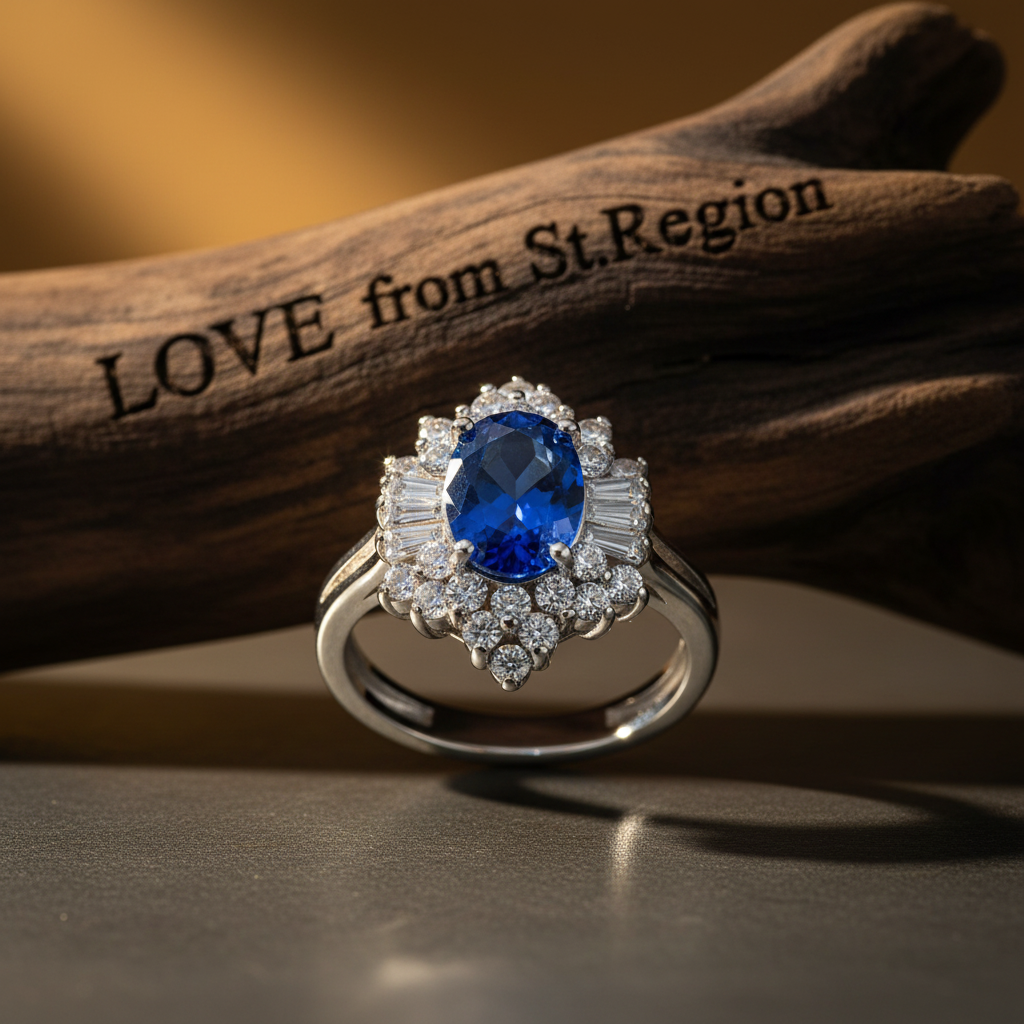 Navy Crystal & Cubic Zirconia Silvertone Flower Ring