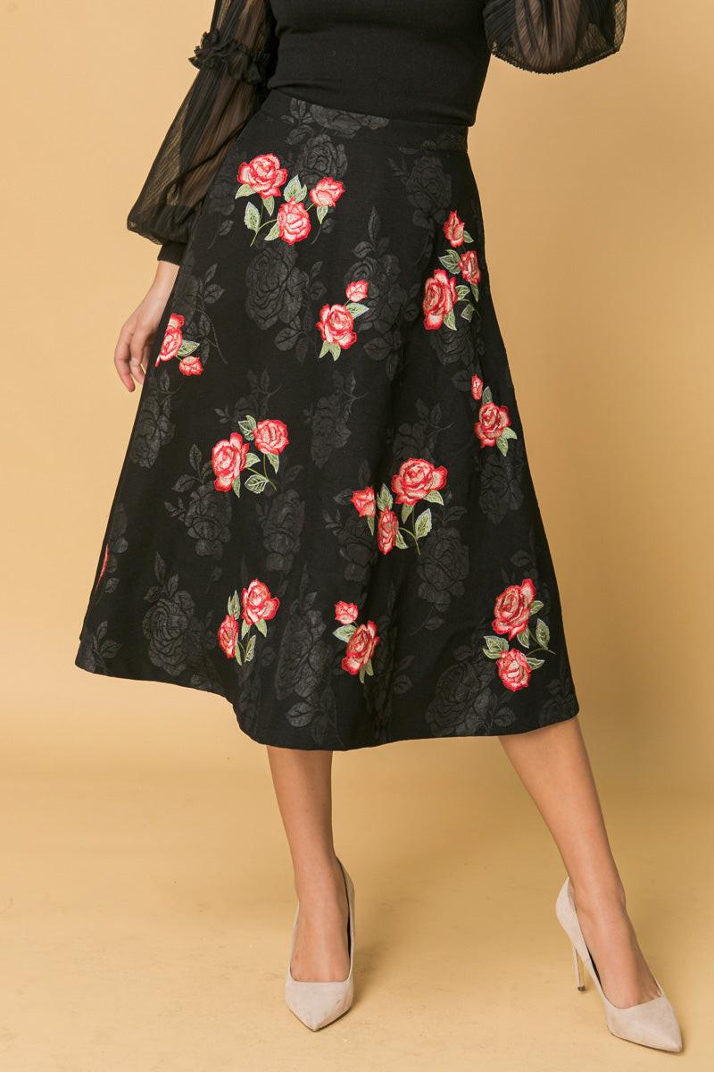 Rose Embroidery Midi Skirt