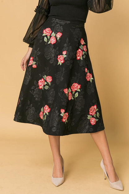 Rose Embroidery Midi Skirt