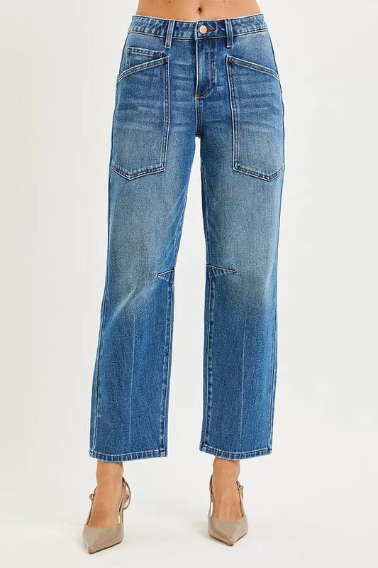 RISEN 4 Way Stretch Mid Rise Barrel Jeans with Patch Pocket Detail
