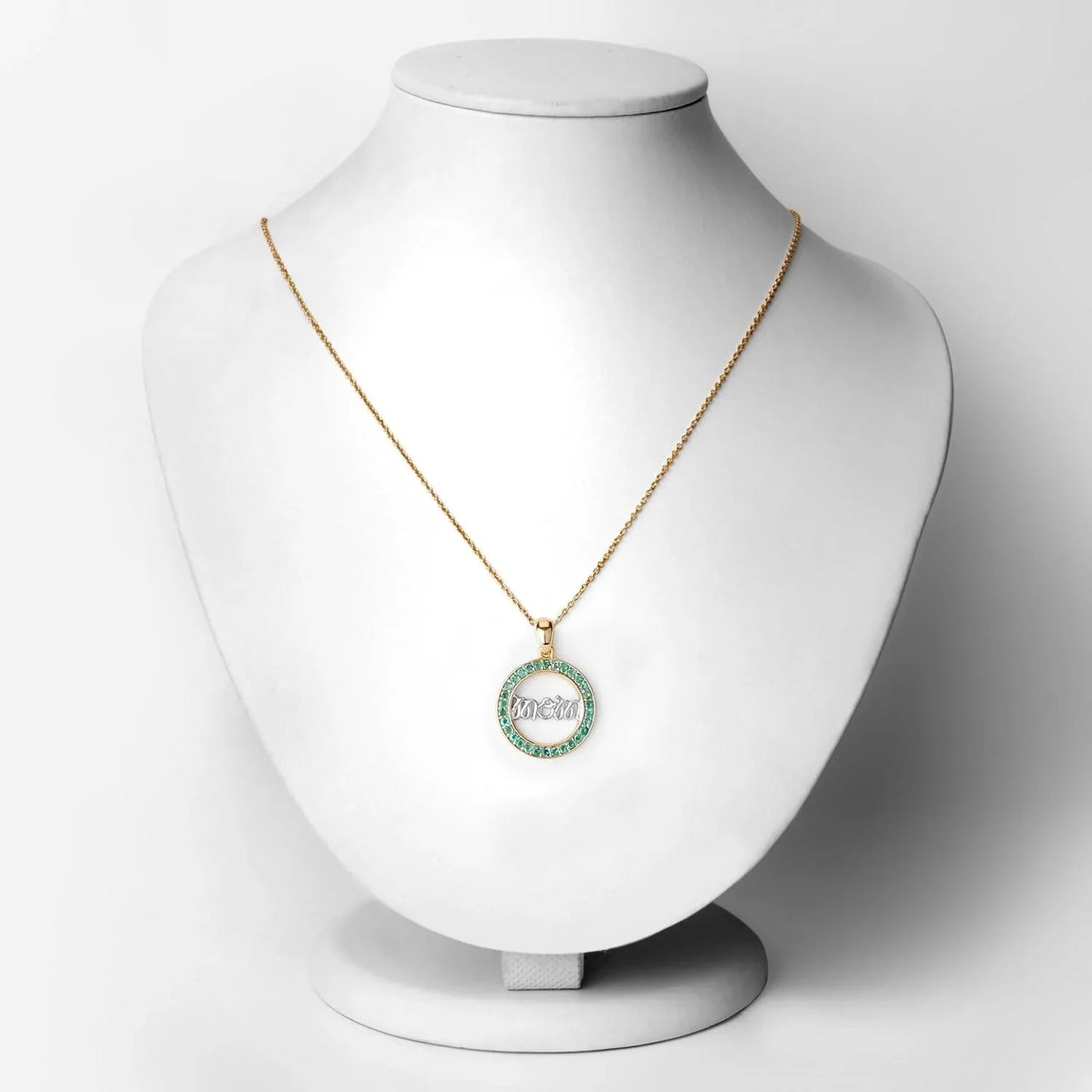Round Green Emerald Prong Gold Plated Silver Mom Circle Pendant Necklace