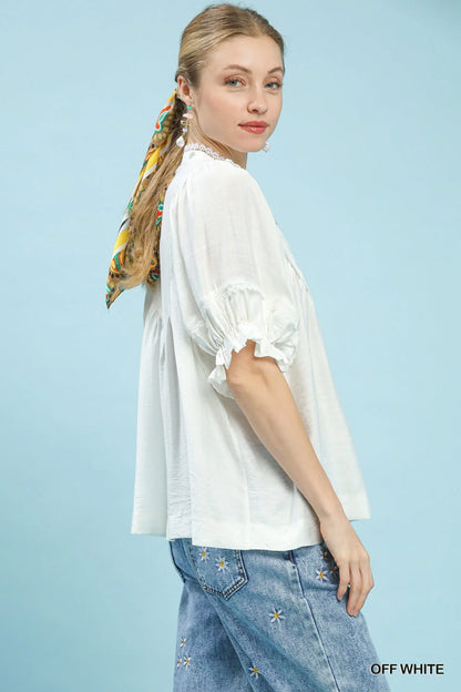 Umgee Smocked Yoke Blouse with Ruffle Sleeves in Off White