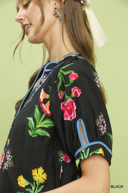 Umgee Botanical Print Contrast Trim Button Blouse - Black Sz L