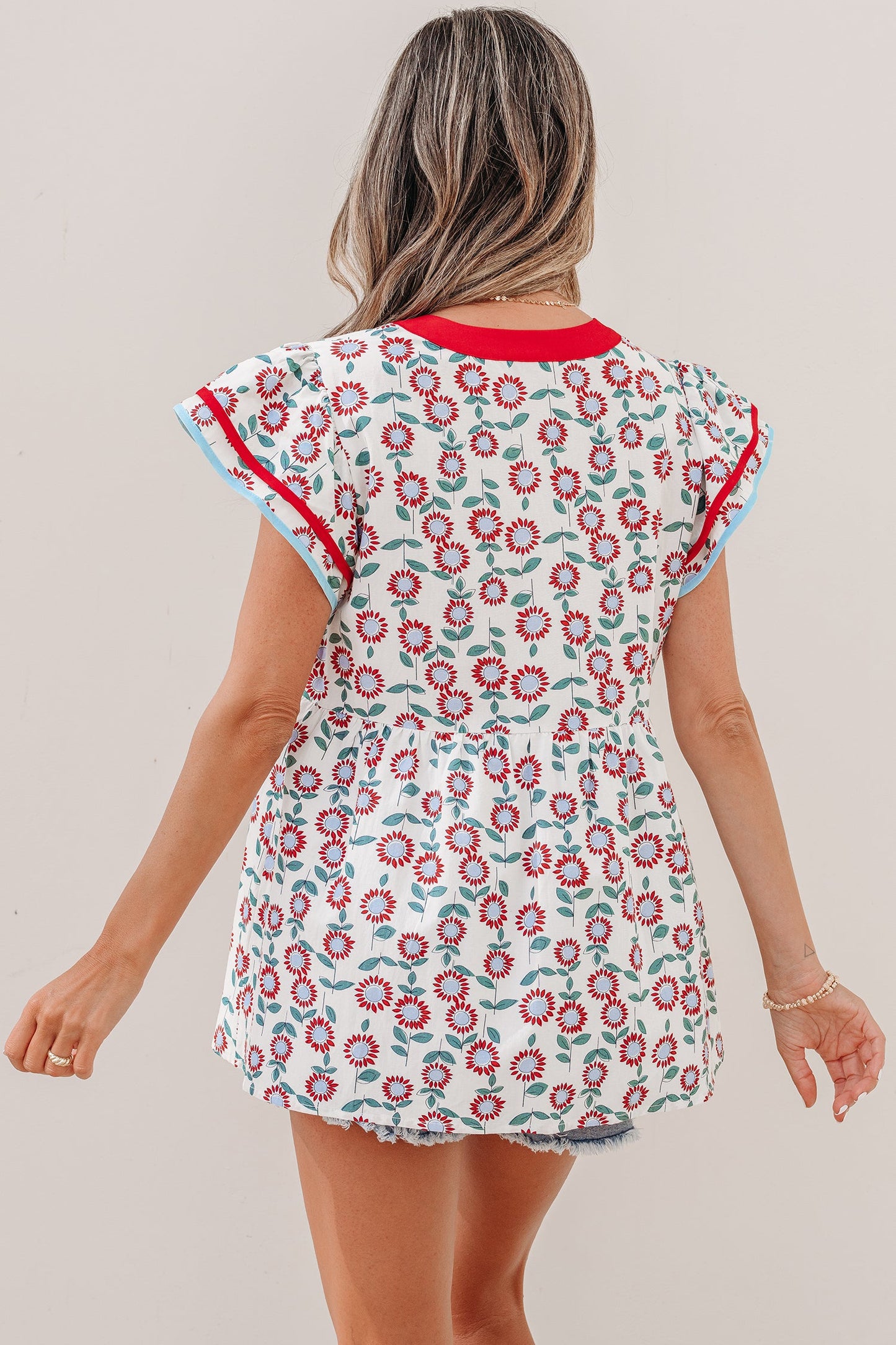 Threaded Pear Avery Trim Flutter Sleeve Blouse