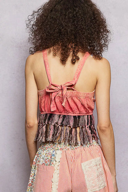 POL Lace-Up Fringe Hem Tank with Lace Detail