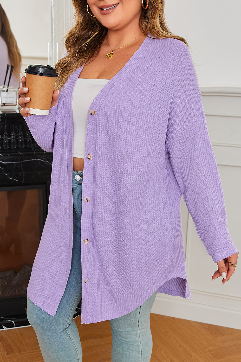 Threaded Pear Rosie Waffle Knit Front PLUS Cardigan