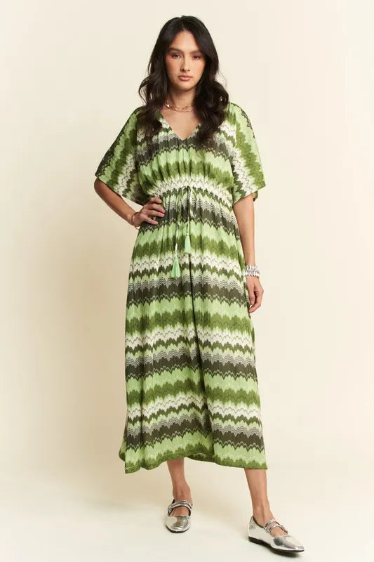 Davi & Dani Multi Color Wavy Tie Waist Flowy Sleeve Dress