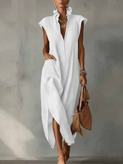 Women’s Cotton-Linen Sleeveless Solid-Color Shirt Dress